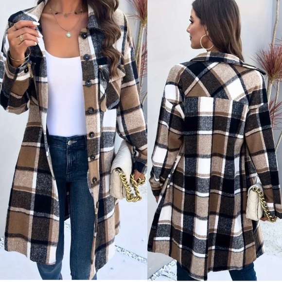 Brand New Camel Brown Flannel Shacket Coat Plaid Button Down Shirt Jacket - Picture 16 of 16